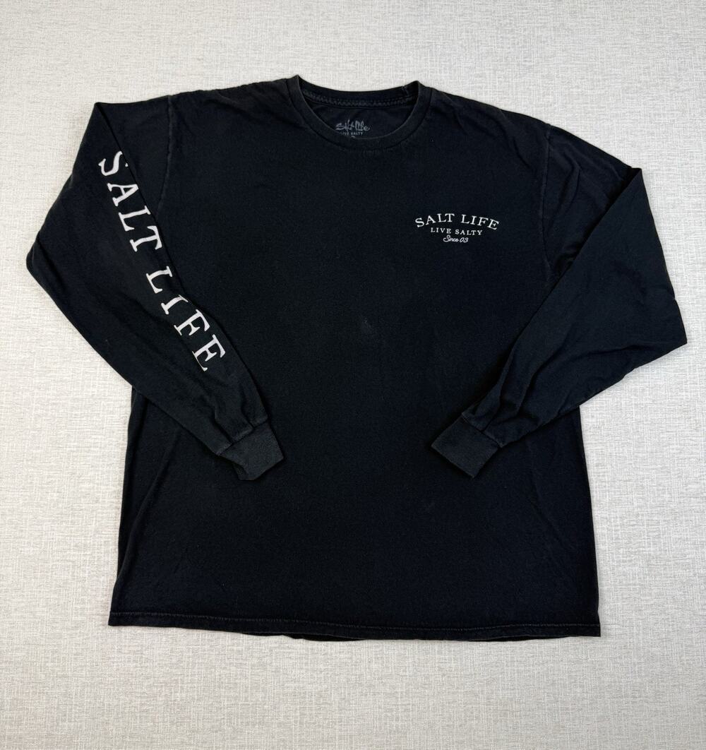 Salt Life Men’s Large Black Long Sleeve Striped Bass Fishing Graphic Shirt